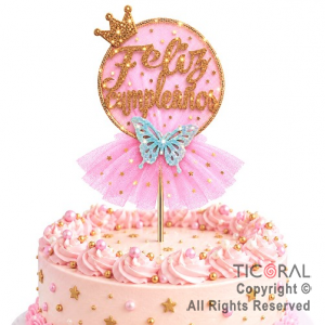 CAKE TOPPER FELIZ CUMPLEA�OS CIRCULO ORO CON TUL ROSA